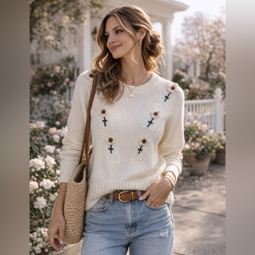 Cream Colored 3D Floral Sweater - NWT - Cottagecore